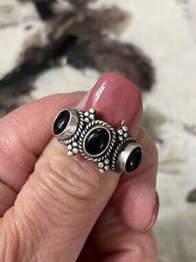 Sterling Silver 925 Southwestern Style Black Onyx Triple Stone Ring Size 7